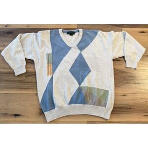 Patrick O'Connor Linen Cotton Sweater XL Ireland Argyle V Neck Coastal Grandpa